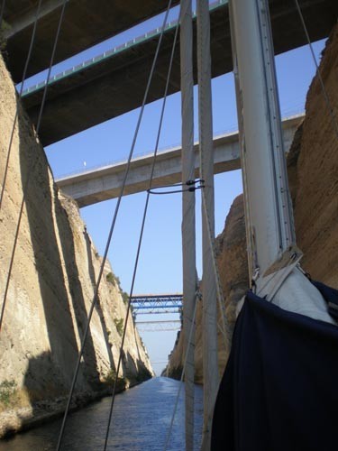 Transiting the Corinth Canal with steep walls and a couple of bridges overhead © Yacht Balvenie